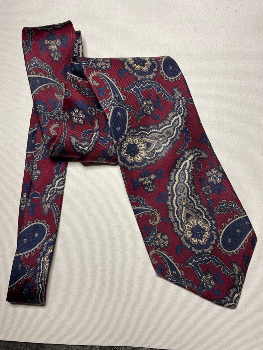 FRAME Silk Preppy Office Burgundy Paisley Tie with Navy and Cream Accents